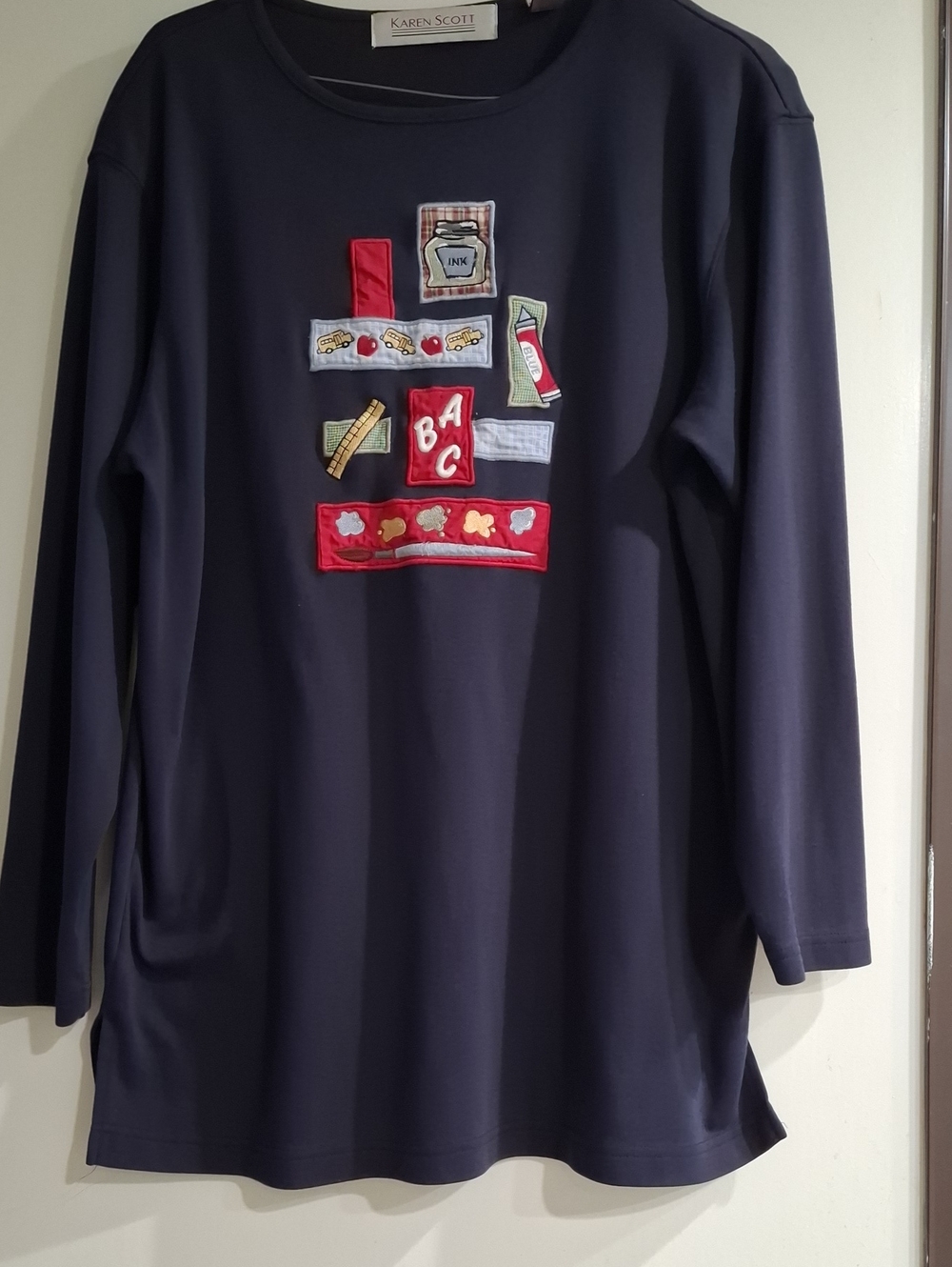 Karen Scott Navy Long-Sleeve Top with Red ABC & School Patches Vintage